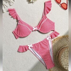 SHEIN Red Gingham Ruffle Bikini Bra & Brief Set